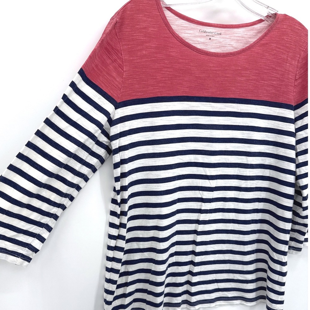 Nautical Coastal Top Medium Red White Blue Striped 3/4 Sleeve 4th of July Shirt - Picture 3 of 7